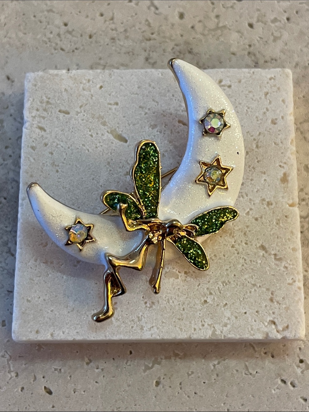 Gold-tone Crescent Moon Pin with Green Glitter Fairy - Picture 1 of 1